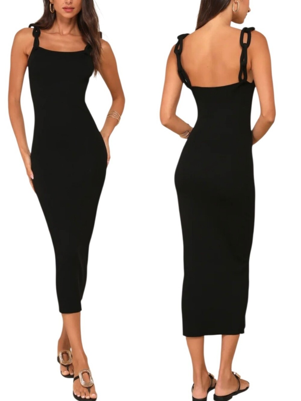 Lulus Luxurious Links Black Chain Strap Bodycon Midi Dress SM Avant Garde LBD